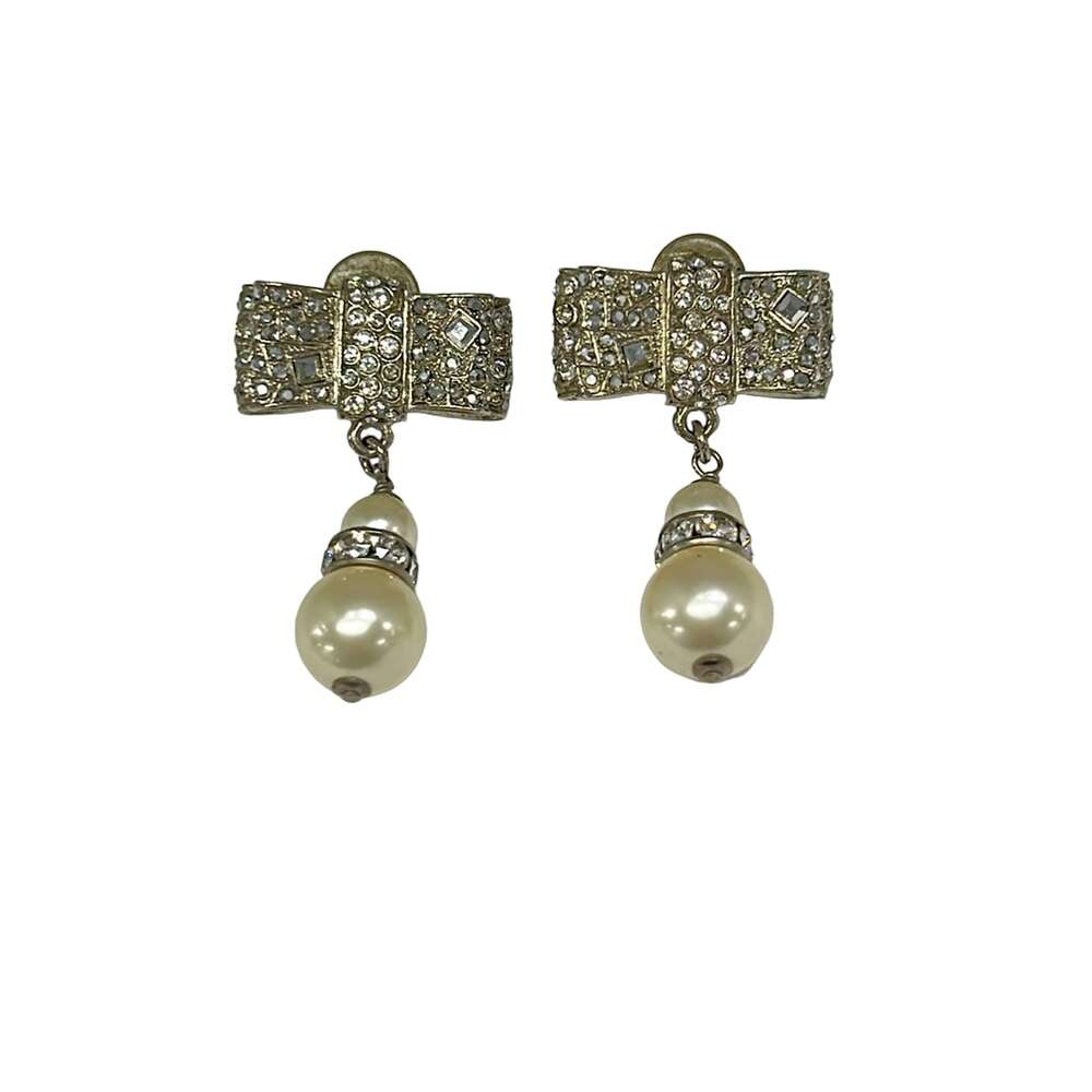 Chanel Clip On Earrings Silver White Hardware Rhinestones Faux Pearl